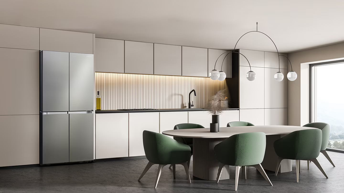 Use less energy, enjoy refreshing water your way. The refrigerator is installed in the Kitchen.