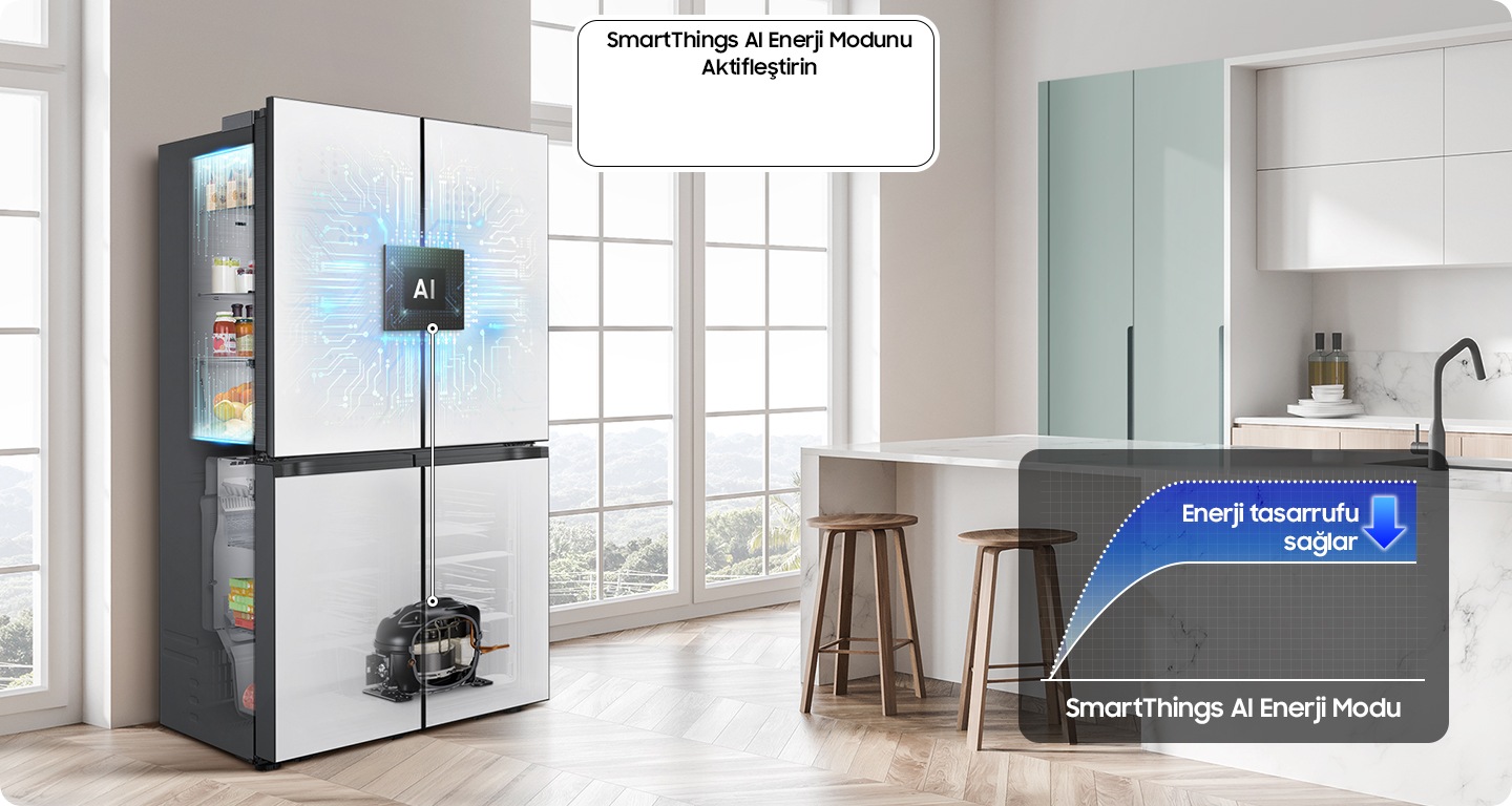 There is a Bespoke fridge in a sunlit kitchen with an AI processor. The toggle for 'Activate SmartThings AI Energy Mode' is on. AI Energy Mode's energy consumption graph indicates up to 10% energy savings.