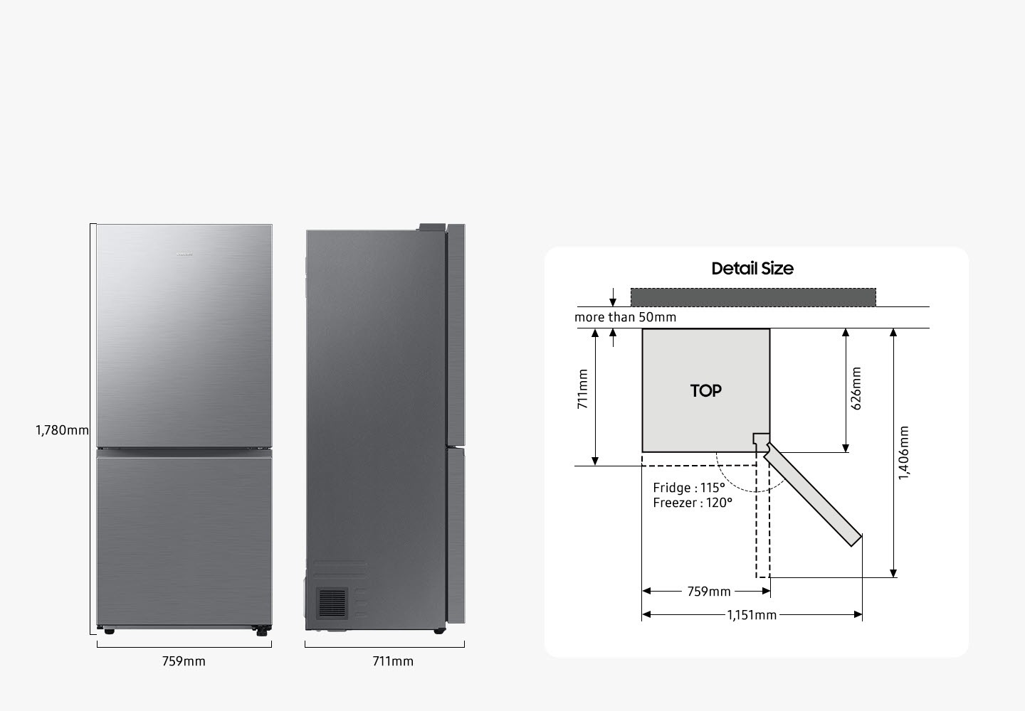 There are front and side views of RB6000D. The RB6000D is 1,780mm in height, 759mm in width, and 711mm in depth. Detailed sizes for installation are explained in the following TOP view. RB6000D must be placed more than 50mm away from the wall. The width of the product is 759mm, but when the door is opened, it is 1,151mm. The product depth is 626mm excluding the door and 1,406mm when the door is fully open at Fridge 115º and Freezer 120º. And the depth including the door is 711mm.