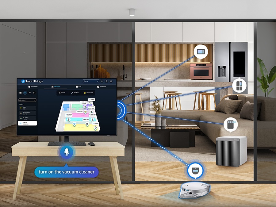 There is a monitor in a room with a vacuum cleaner, and outside of the room, a kitchen and living room is shown. In the kitchen, there is a cooker and a refrigerator. And there is an air purifier in the living room. All the devices are connected with the Akıllı Monitor with AkıllıThings, and the vacuum cleaner is activated by commanding at the AkıllıThings hub on the monitor in a voice saying 'turn on the vacuum cleaner'.