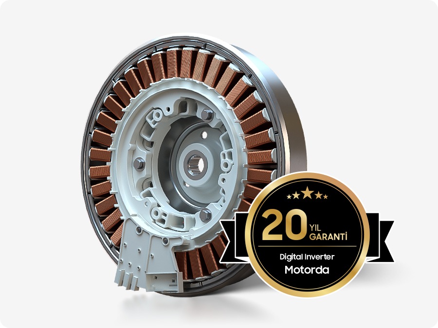 Laundry Combo’nun dijital inverter motorunun etiketinde 20 yıl garanti ifadesi bulunuyor. 