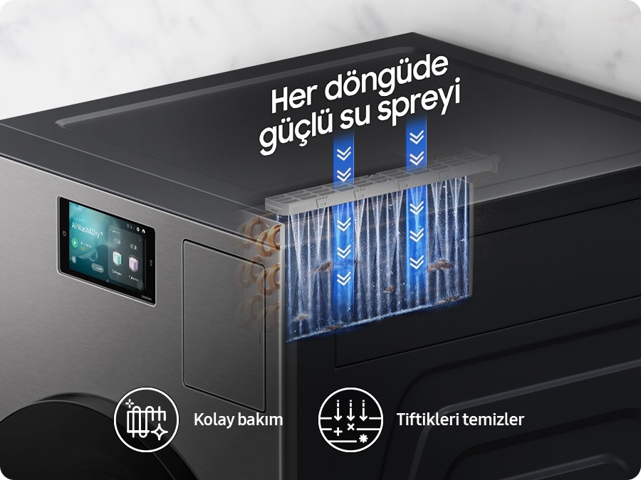 Otomatik Temizlik Sistemi sayesinde, Laundry Combo’nun ısı dönüştürücüsüne püskürtülen suyun yakından görünümü. Bu işlem havları uzaklaştırarak bakımı kolaylaştırır. Her programda güçlü su püskürtme özelliği. Kolay Bakım. Hav Temizliği.