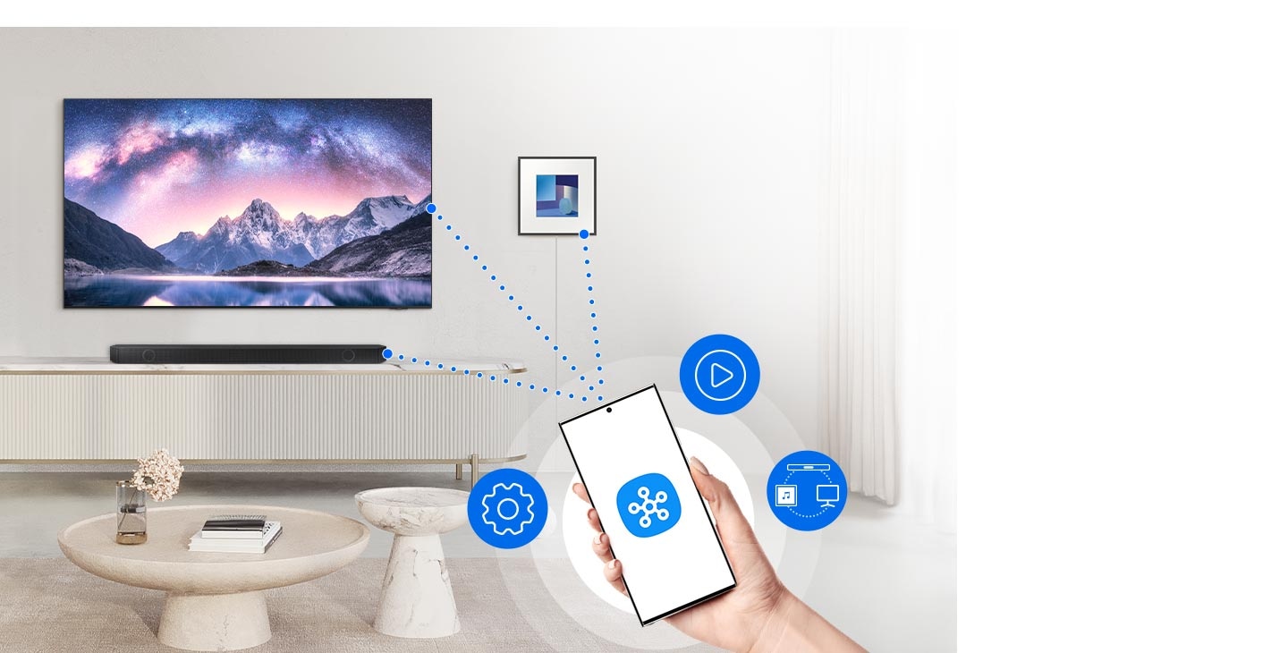 A phone has a SmartThings logo on screen. UI icons hover nearby. Dotted lines connect the phone to a TV and sound devices.