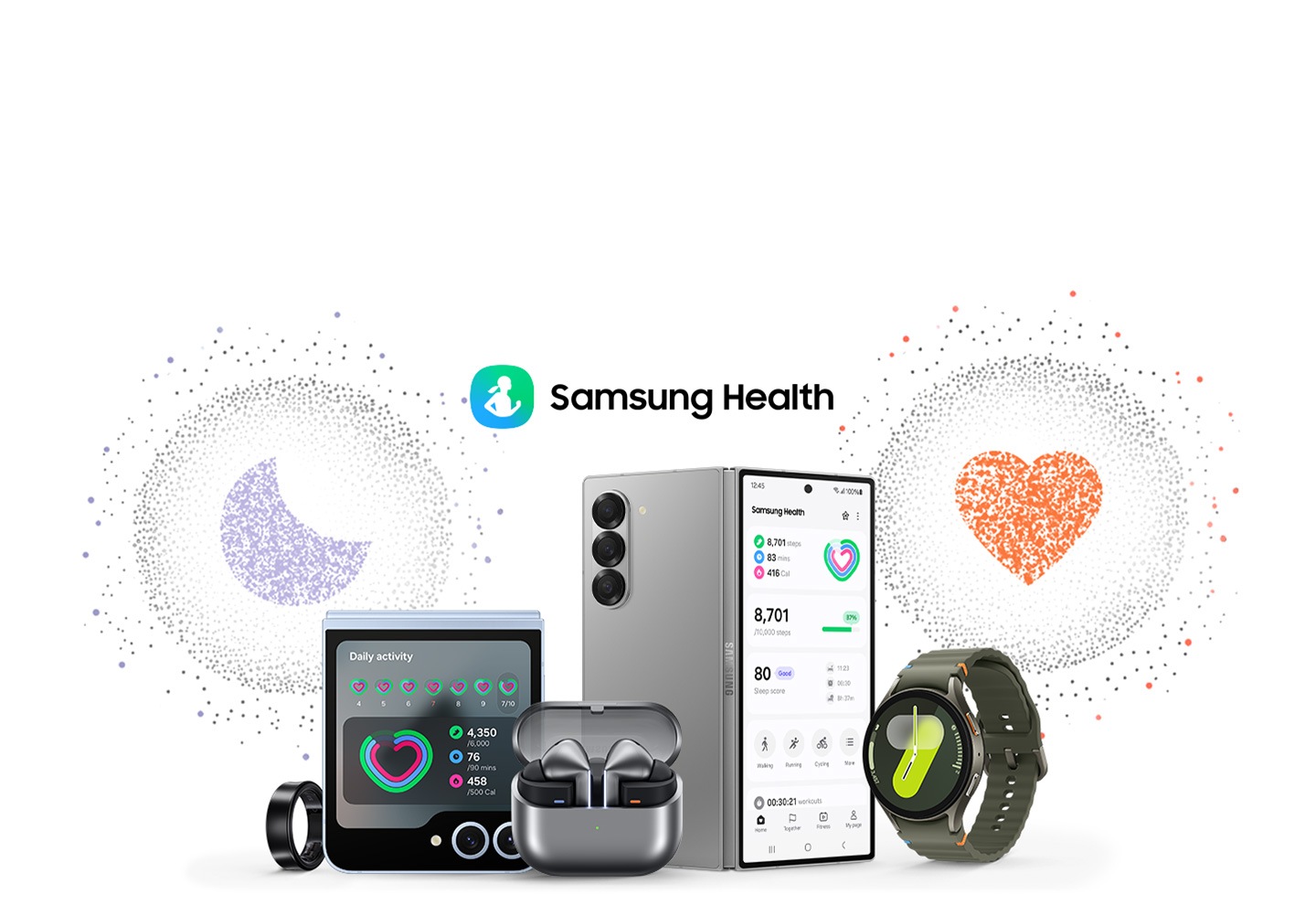 Galaxy Z Flip6, Galaxy Buds3, Galaxy Z Fold6 ve Galaxy Watch7, “Samsung Health” ifadesi ve logosuyla birlikte görülüyor. Noktalı uyku ve kalp uygulama simgesi cihazların yanında duruyor.