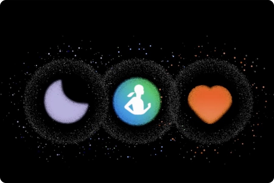 Her biri uyku takibi, Samsung Health ve kalp atış hızı takibini temsil eden üç noktalı uygulama simgeleri sıralanmış halde duruyor. Hepsi üstte uyku izleme simgesiyle birleşerek sonunda Samsung Health uygulaması simgesine ve kapsamlı sağlıklı yaşam puanını “92” olarak gösteren bir Energy Score grafiğine dönüşüyor.