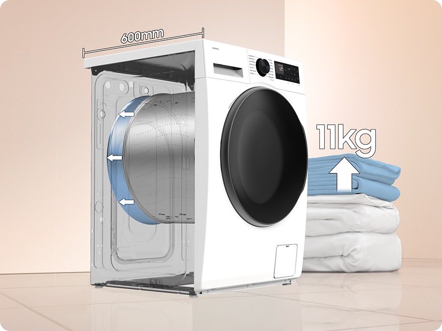 Sol altta SpaceMax™ özelliği simge içerisinde gösteriliyor. Çamaşır makinesi kazanının derinliği 600 mm'ye, kapasite ise 9 kg'den 11 kg'ye çıkmıştır. Çamaşır makinesi büyük yorganları bile yıkayabilir.