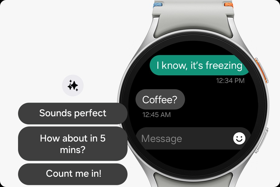 Galaxy Watch7'de bir mesaj sohbeti açık. Saatin yanında Galaxy AI logolu bazı yanıt önerileri gösteriliyor.