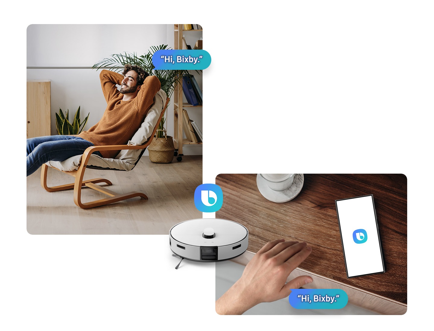 Sallanan sandalyede oturan bir adam ses tanıma özelliğiyle “Merhaba Bixby” diyerek Jet Bot Kombo Yapay Zeka Steam+’a evi temizlemeye başlamasını söylüyor. Yanındaki başka bir kullanıcı da aynı komutu akıllı telefon aracılığıyla süpürgeye veriyor.
