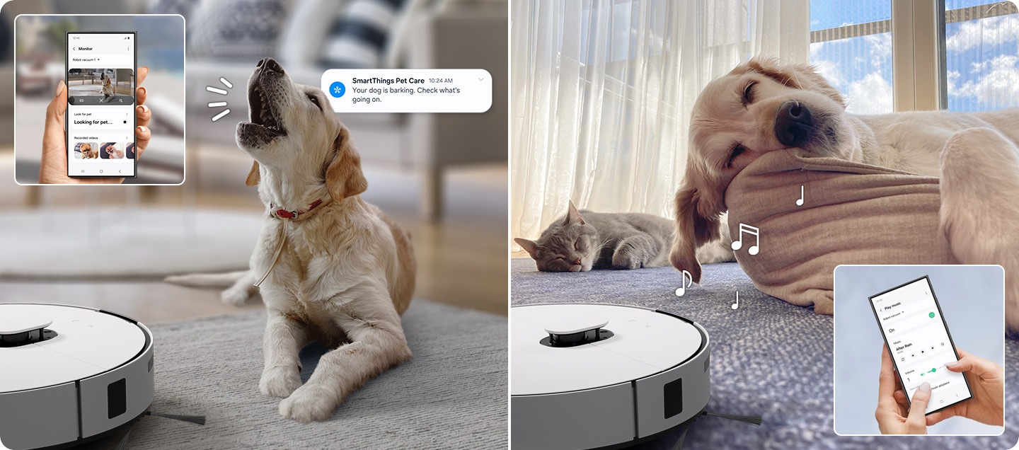 Sol tarafta, Jet Bot Kombo Yapay Zeka Steam+ havlayan bir köpeğin yanına yerleştiriliyor ve SmartThings Pet Care bildirimi açılıyor. Sağda, elektrikli süpürge müzik çalarken bir kedi ve köpek uyuyor.