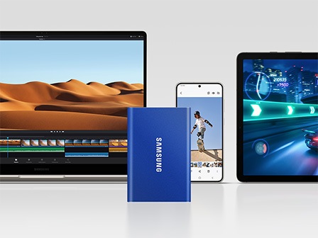 Samsung T7�nin �evresinde diz�st� bilgisayar, ak�ll� telefon ve tablet g�r�l�yor.
