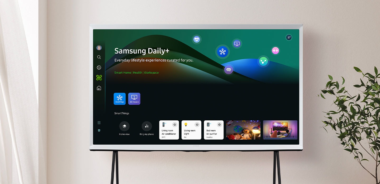 The Serif TV ekranında, çeşitli yaşam tarzı uygulamalarının yer aldığı Samsung Daily+ menüsü gösteriliyor.