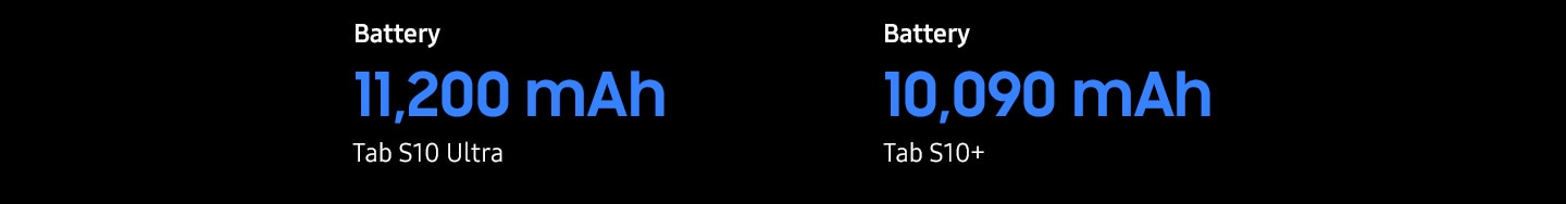 Alt yazıda şu yazıyor: “Pil: Tab S10 Ultra için 11.200 mAh, Tab S10+ için 10.090 mAh”.