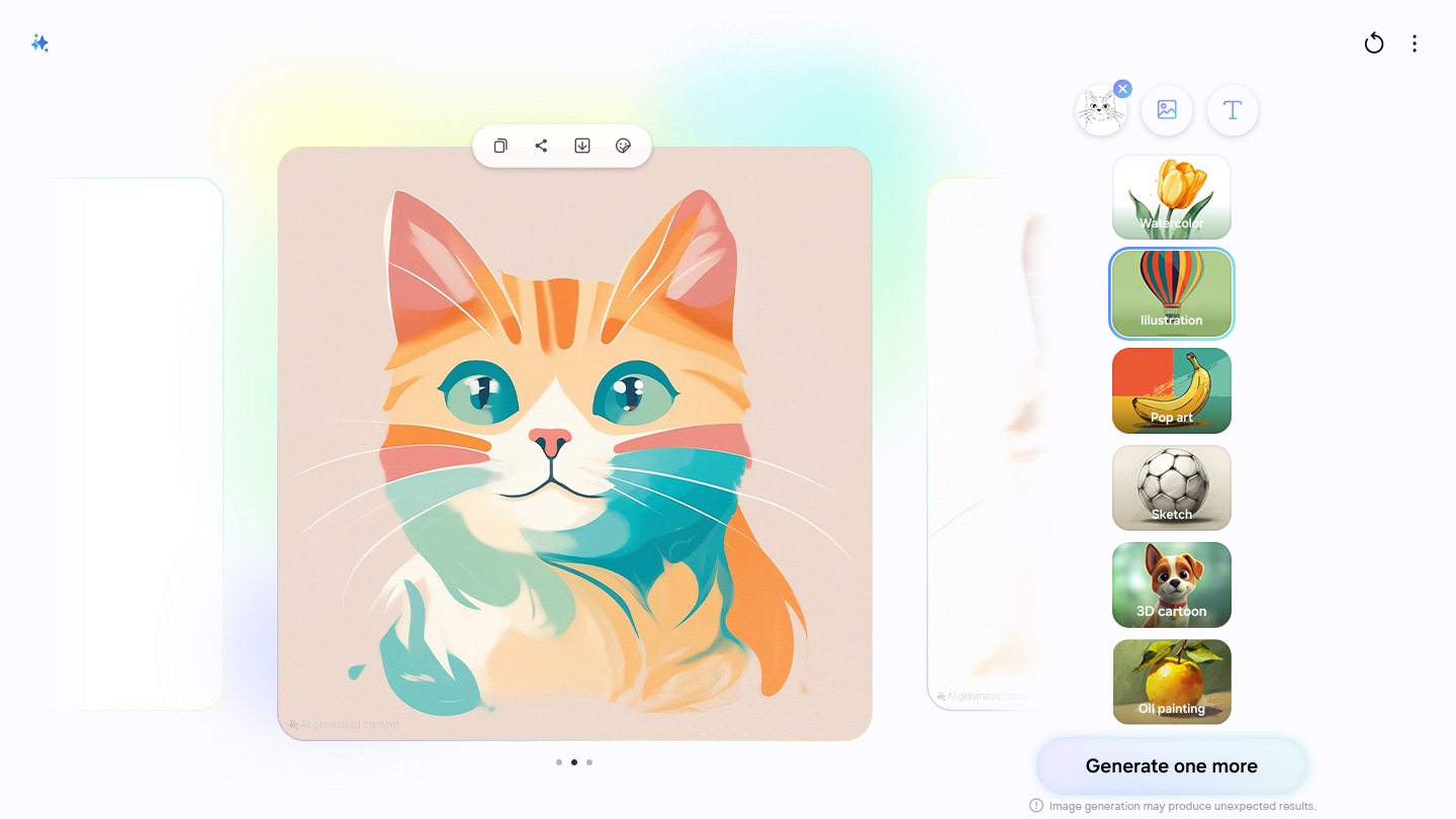Galaxy Tab S10 Serisi cihaza bir S Pen vasıtasıyla kedi yüzü çiziliyor. “Üret” düğmesine dokunulduğunda çizim, yapay zeka tarafından oluşturulmuş çeşitli görsellere dönüşüyor ve bu görseller kayarak ekranın sol tarafına gidiyor.