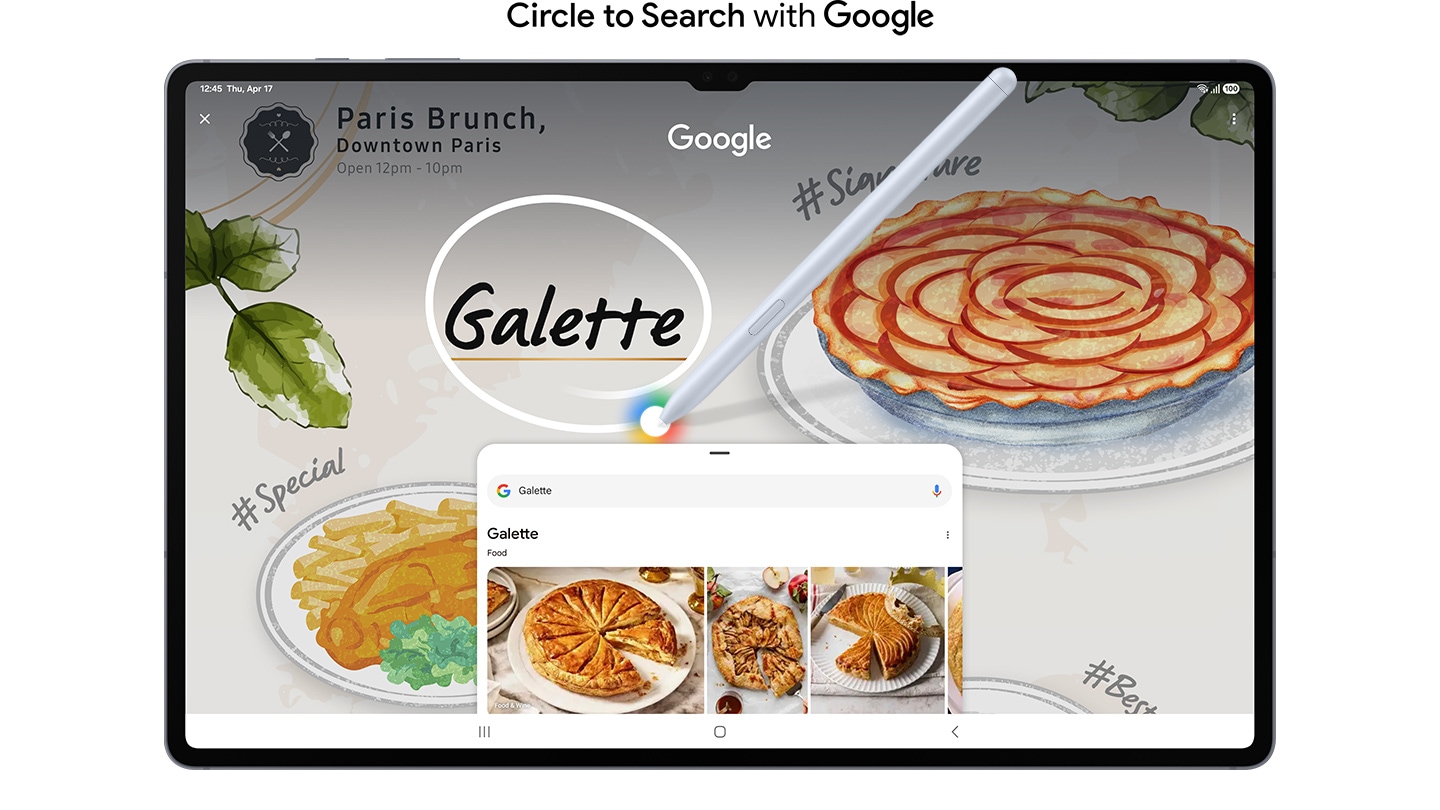 Tablet ekranında, farklı tür yemek çizimleri olan bir internet sayfası görülüyor. S Pen, ekrandaki elle yazılmış “Galette” sözcüğünü yuvarlak içine alıyor. Metinde şu yazıyor: “Google ile Circle to Search”.
