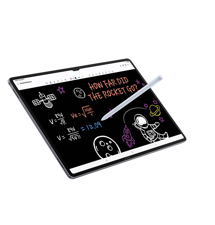 Ekranında Not Asistanı açık olan Galaxy Tab S10 Serisi cihazda uzayı temsil eden çizimler gösteriliyor: bir astronot, bir uydu, birkaç gezegen ve yazılar. Bir S Pen ekrana yazı yazıyor.