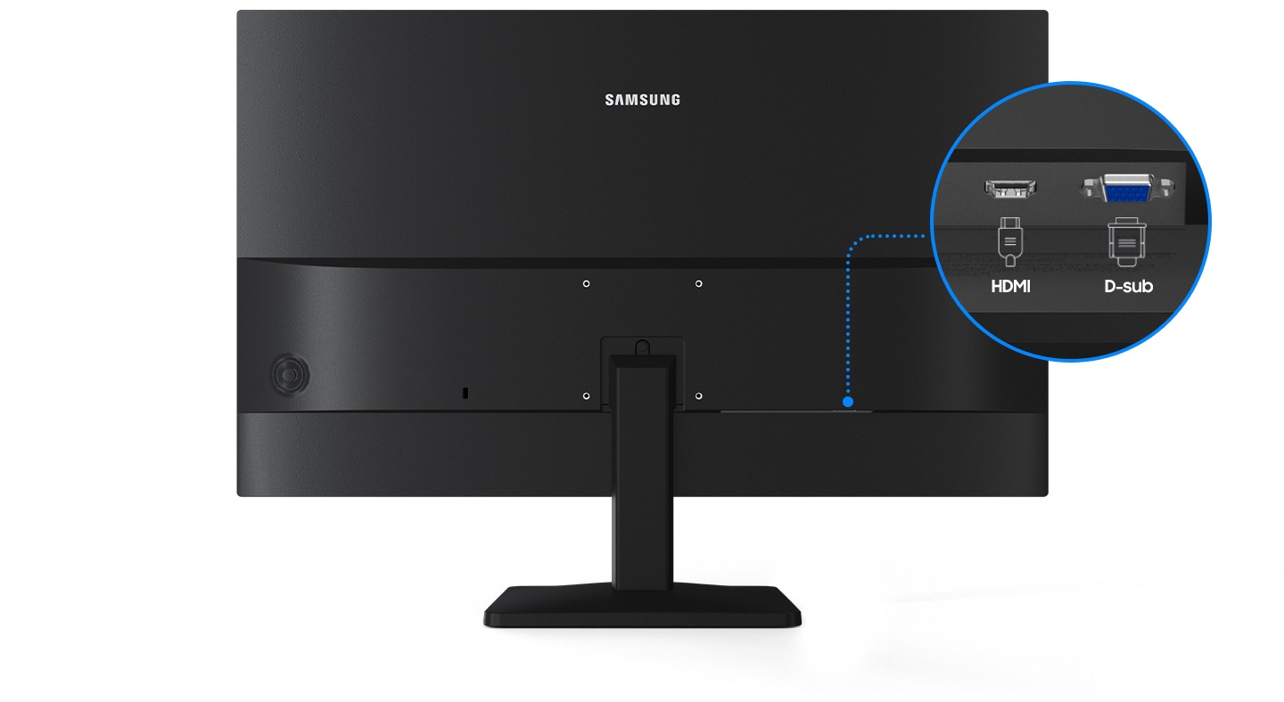 Monitörün arkası görünüyor ve bağlantı noktaları yakından gösteriliyor. HDMI ve D-sub bağlantı noktaları mevcut.