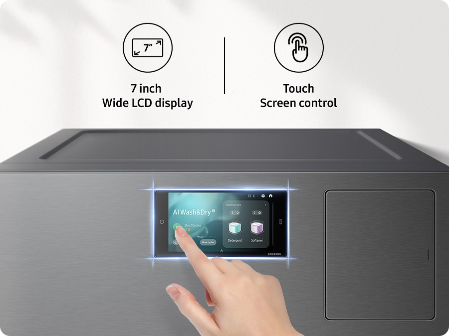 Laundry Combo modelinin 7 inç LCD dokunmatik ekranında AI Wash&Dry programının 1 saat 55 dakikasının kaldığı, 14 kullanım sonrasında önerilen Self Clean+ uyarısı ve aylık enerji kullanımını gösteren düğmeler görünüyor. Program sonunda toplam süre, yük, tür, kirlilik seviyesinin yanı sıra su, deterjan, yumuşatıcı ve enerji kullanımı gösteriliyor.