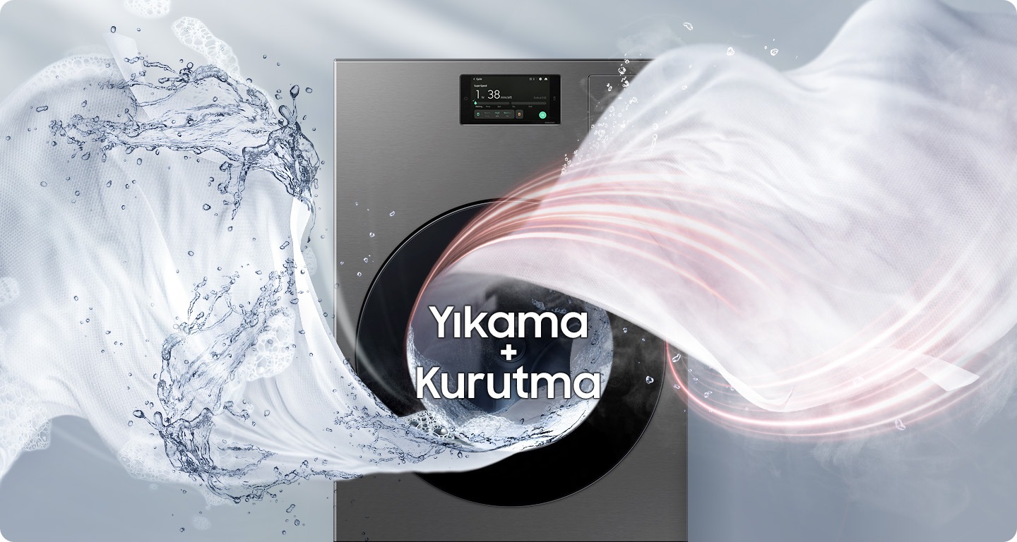 Kurutmalı çamaşır makinesi Laundry Combo’dan çıkan büyük su girdapları ve ışınlar, güçlü ve hızlı yıkama-kurutma anlamına geliyor.