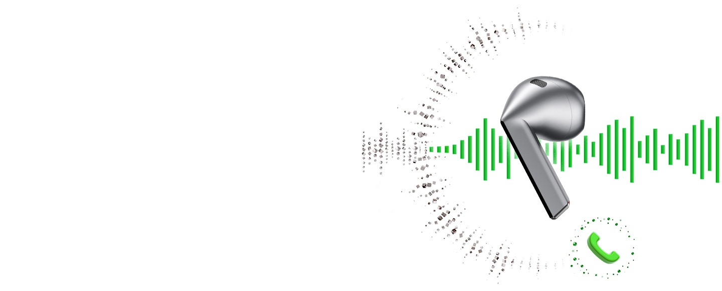 Galaxy Buds3 kulaklığın bir tarafında gürültüyü engelleyen parçacıklar, diğer tarafında ise çağrı simgesiyle birlikte gelen çağrının ses dalgası yer alıyor.
