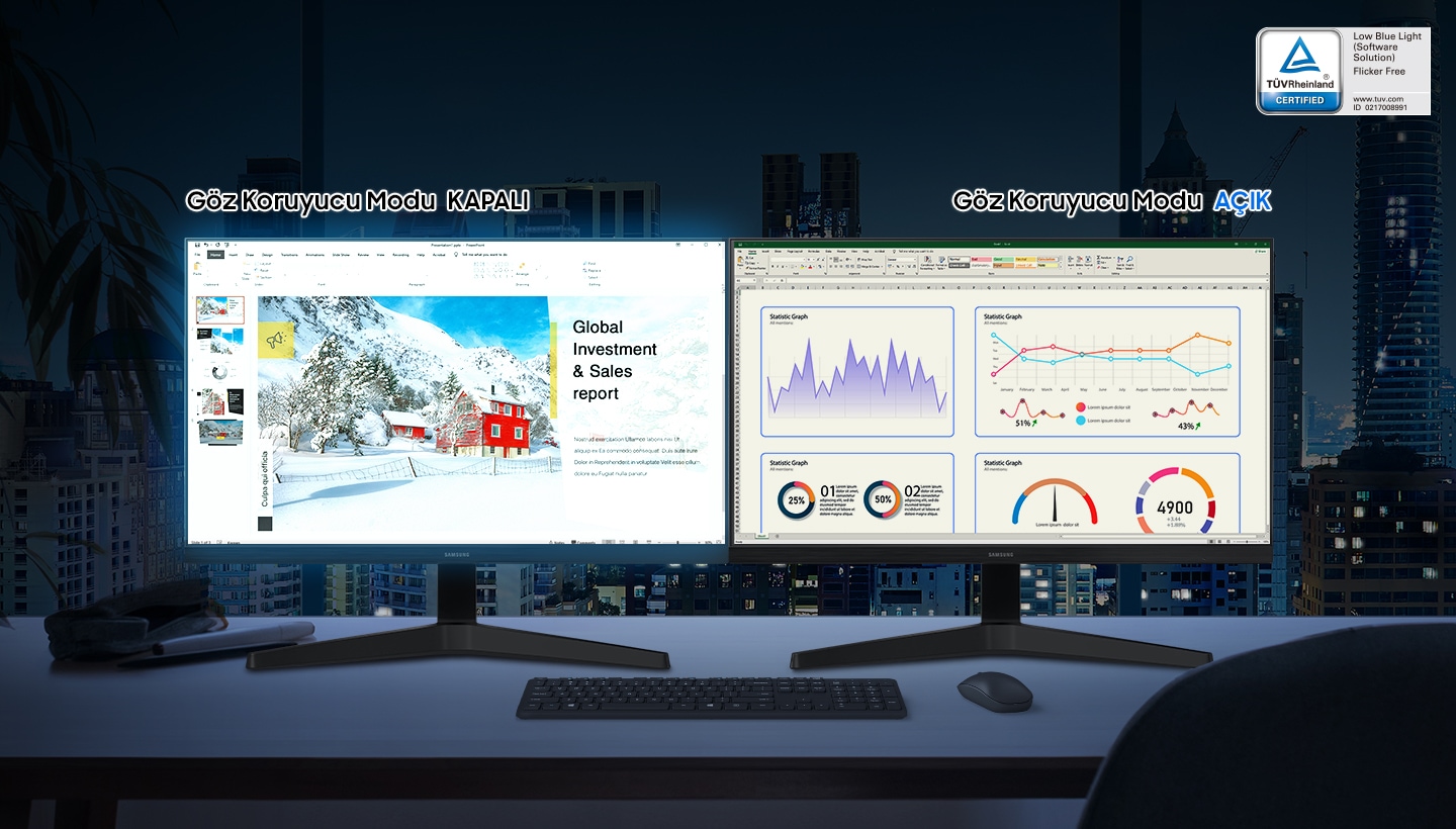İki monitör görülüyor. Soldakinin ekranı, Göz Koruyucu Mod kapalı olduğu için titreşiyor ve mavi ışık yayıyor. Sağdakinin ekranı ise Göz Koruyucu Modu açık olduğu için daha az titreşiyor ve mavi ışık yaymıyor.