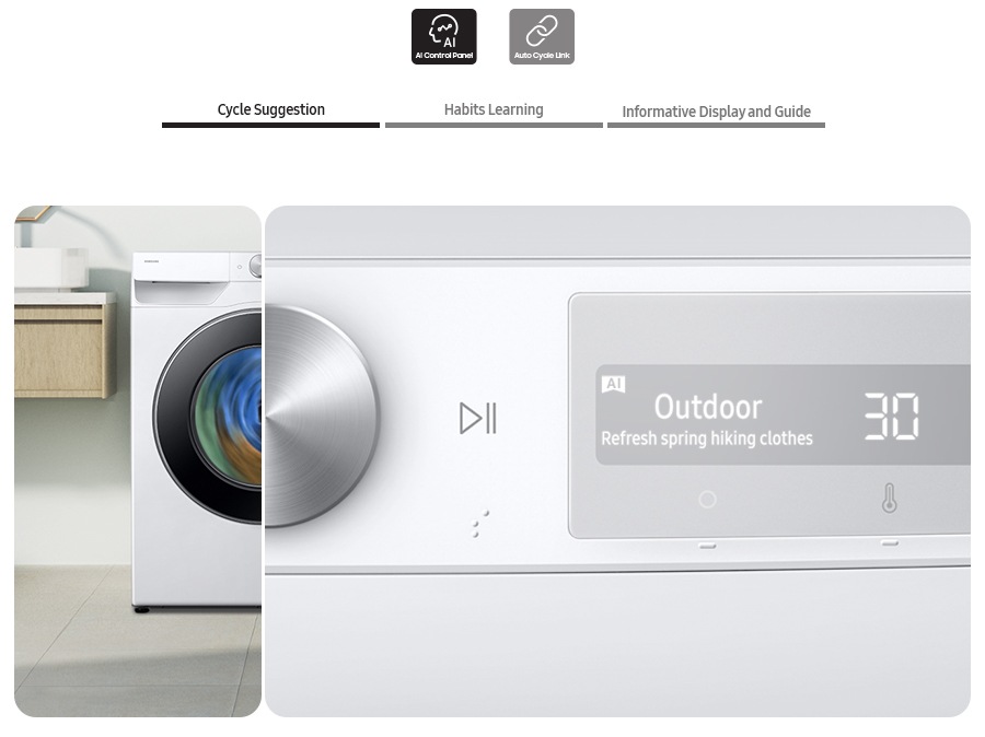 Yapay Zeka Kontrol Paneli simgesi seçilmiş. Yapay zeka destekli çamaşır makinesinin kontrol panelinde Program önerisi, Alışkanlık öğrenme, Bilgilendirici ekran ve kılavuz görüntüleniyor. Otomatik Program Bağlantısı simgesi seçilmiş. İki ayrı yaşam alanına iki çamaşır makinesi ve kurutucu seti farklı şekilde yerleştirilmiş. Kurutma programları otomatik olarak ayarlanmış.