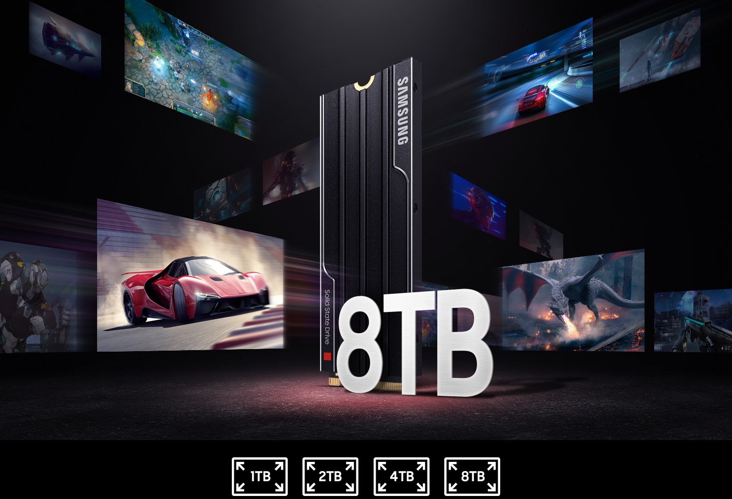 Soğutuculu 9100 PRO’nun etrafında “8TB” ifadesiyle birlikte çeşitli oyun ekranları gösteriliyor. Bunların altında, üzerinde “1TB”, “2TB”, “4TB” ve “8TB” yazılı simgeler yer alıyor.