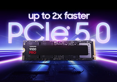 9100 PRO’da “up to 2x faster” (2 kata kadar daha hızlı) ve “PCIe® 5.0” ifadeleri gösteriliyor.