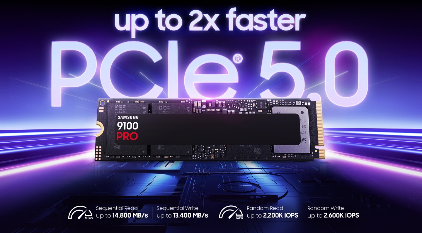 9100 PRO’da “up to 2x faster” (2 kata kadar daha hızlı) ve “PCIe® 5.0” ifadeleri gösteriliyor. Altında ardışık hızı gösteren simgelerle birlikte “Sequential Read up to 14,800 MB/s” (14.800 MB/sn’ye Kadar Ardışık Okuma” ve “Sequential Write up to 13,400 MB/s” (13.400 MB/sn’ye kadar Ardışık Yazma) ifadeleri, rastgele hızı gösteren simgelerle birlikte “Random Read up to 2,200K IOPS” (2.200K IOPS’ye Kadar Rastgele Okuma) ve “Random Write up to 2,600K IOPS” (2.600K IOPS’ye kadar Rastgele Yazma) ifadeleri yer alıyor.