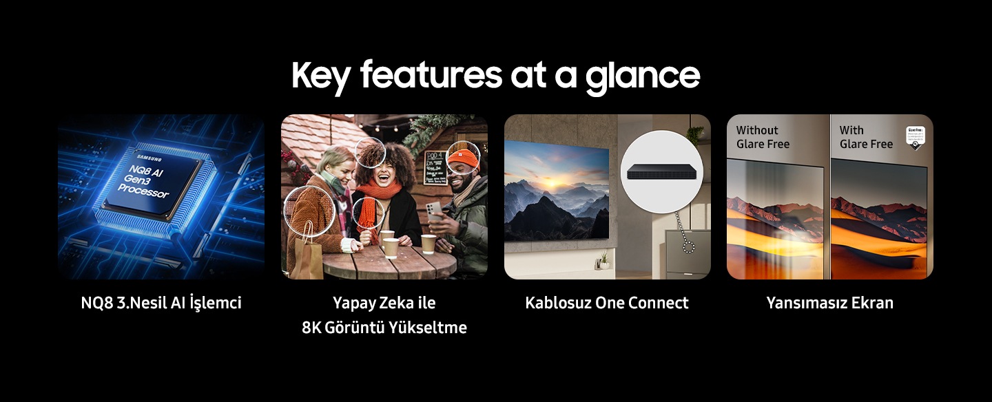 Samsung NQ8 AI Gen3 Processor. 8K AI Upscaling Pro. Wireless One Connect. Glare Free. Without Glare Free and With Glare Free. UL Verified Logo. Glare Free: Reflection Glare UGR < 10, Discomfort Glare < UGR 22, Disability Glare < 34. verifyUL.com®. V166045.