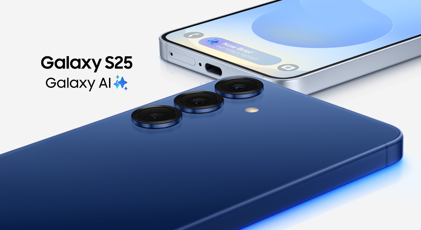 Galaxy S25. Hafif bir açıyla üst üste yerleştirilmiş Galaxy S25 ve S25 Plus gösteriliyor. Galaxy AI.