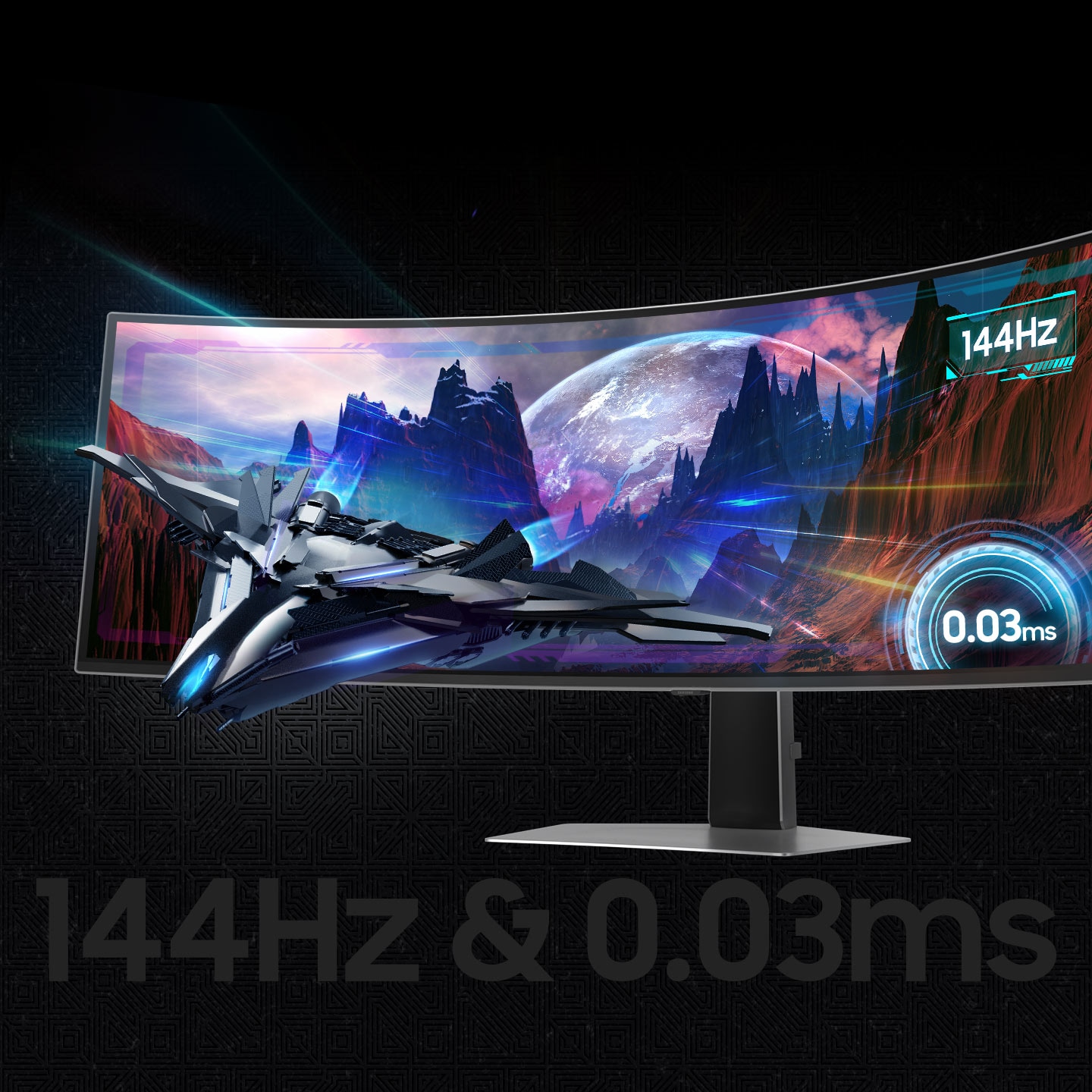 Bir monitörün ekranında 0,03 ms ve 144 Hz grafikle bir uzay gemisi gösteriliyor.