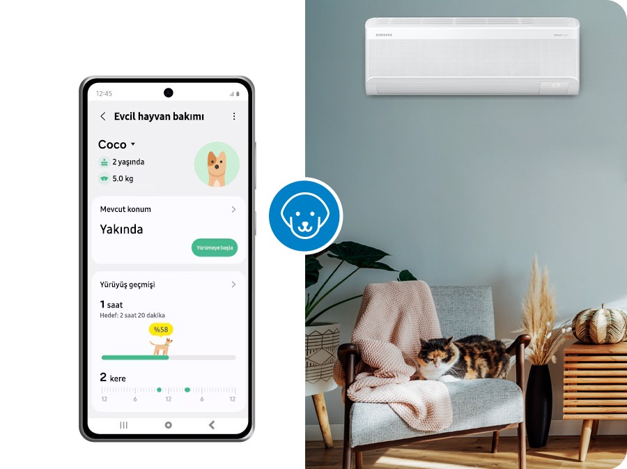Akıllı telefonda “Pet Care” ekranı ile birlikte İç ünitenin altında mışıl mışıl uyuyan bir kedi gösteriliyor. Akıllı telefon ile İç ünitenin arasında “Evcil Hayvan” simgesi beliriyor.