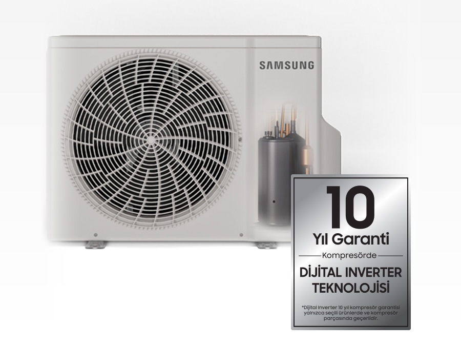 Dış mekan ünitesinin içindeki kompresör gösteriliyor. Önünde ise “Dijital inverter teknolojili, 10 yıl garantili kompresör” yazan bir sembol yer alıyor.