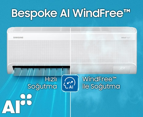 “Bespoke AI WindFree” ifadesinin altında bir iç mekan ünitesi gösteriliyor. Ünitenin ortasında yapay zeka (AI) işareti yer alıyor ve bu işaret, “Hızlı Soğutma” ile “WindFree” olmak üzere ekranı iki moda bölüyor. Sol alt kısımda “AI+ Sertifikasyon İşareti” yer alıyor.