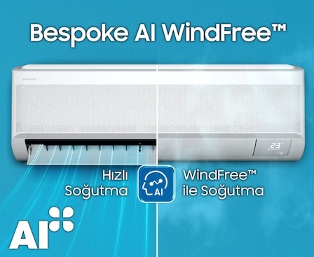 “Bespoke AI WindFree” ifadesinin altında bir iç mekan ünitesi gösteriliyor. Ünitenin ortasında yapay zeka (AI) işareti yer alıyor ve bu işaret, “Hızlı Soğutma” ile “WindFree” olmak üzere ekranı iki moda bölüyor. Sol alt kısımda “AI+ Sertifikasyon İşareti” yer alıyor.