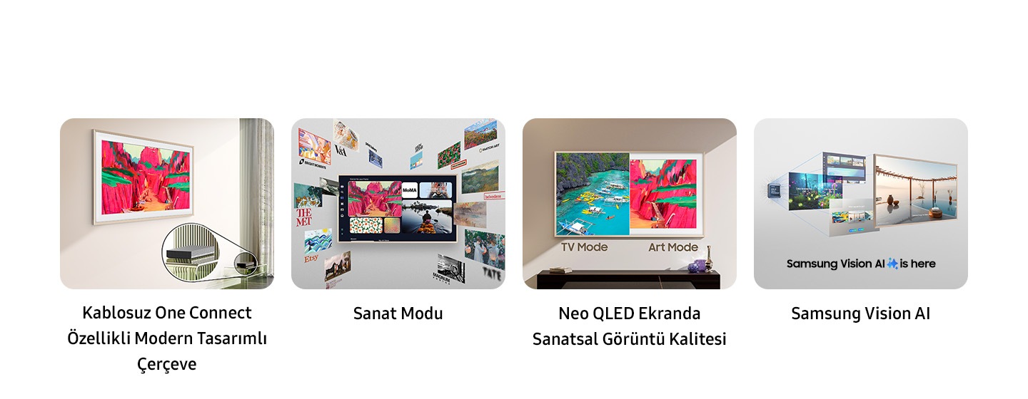 The Frame Pro modelinin öne çıkan özellikleri. Kablosuz One Connect Özellikli Modern Tasarımlı Çerçeve, Sanat Modu, TV Modu ve Sanat Modu’nu gösteren NEO QLED ekranlı Sanatsal Görüntü Kalitesi, Karşınızda Samsung Vision AI logosu.