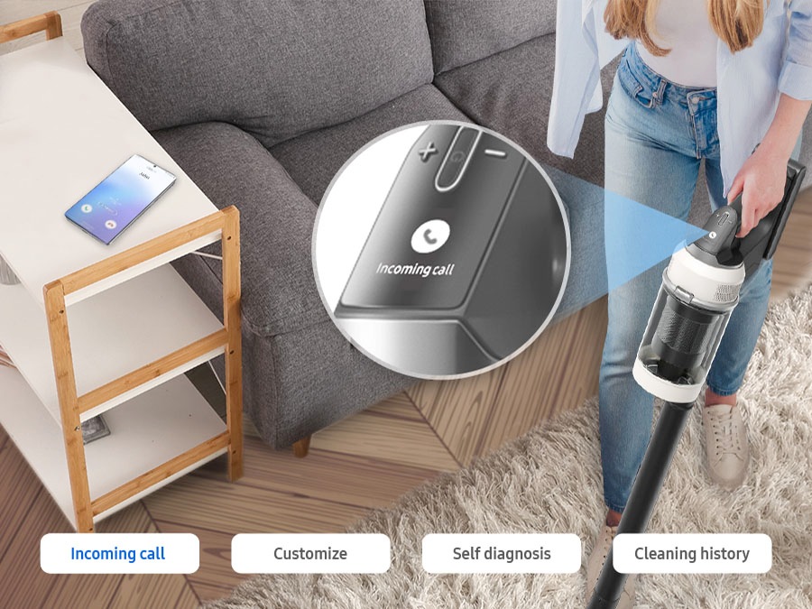 Samsung Bespoke Jet AI Lite’ın akıllı Wi-Fi işlevleri (Gelen Çağrı, Özelleştirme, Kendi Kendine Teşhis, Geçmişi Temizleme) sırayla görüntüleniyor.