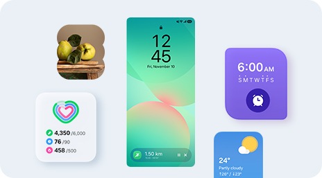 A smartphone lock screen showing Samsung Health Running tracker in the Now Bar at the bottom of the screen, with widgets for Gallery, Daily Activity, Alarm and Weather shown around the screen.