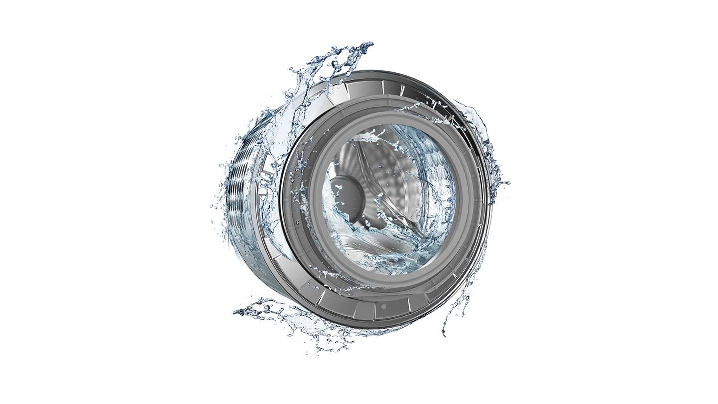 Çamaşır makinesi kazanının etrafında temiz su var ve su jetleri iç bölmeyi temizliyor. Kazan körüğü yakın çekimden gösteriliyor ve kirli ve temiz halleri karşılaştırılıyor.