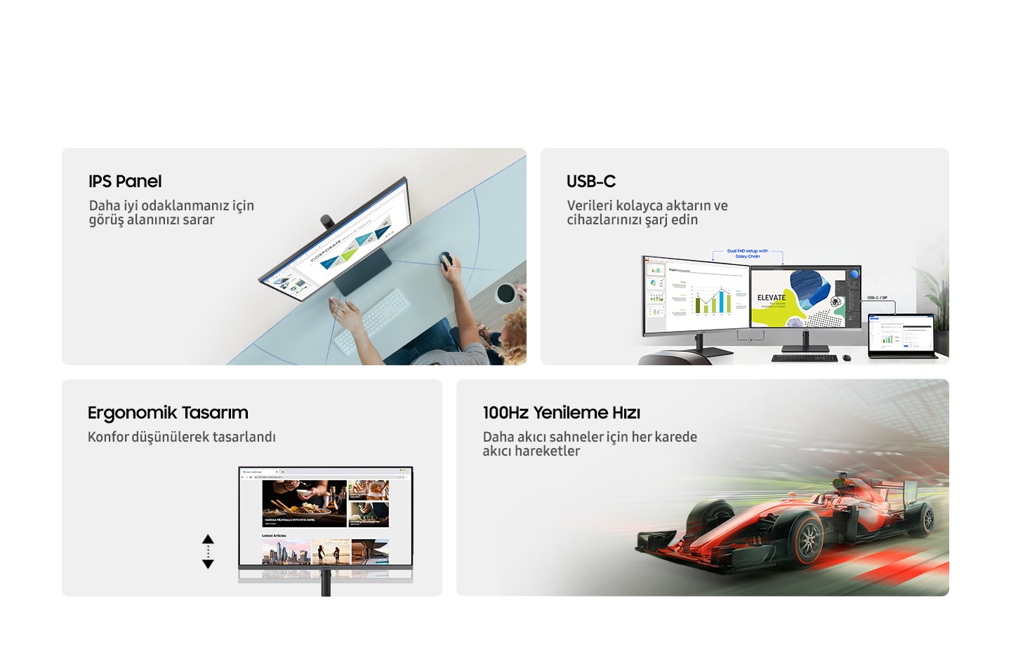 IPS Panel. Wraps around your field of vision for better focus. USB-C. Easily transfer data and charge your devices. Ergonomic Design. Designed with comfort in mind. 100Hz Refresh Rate. Smooth action in each frame for more fluid scenes.