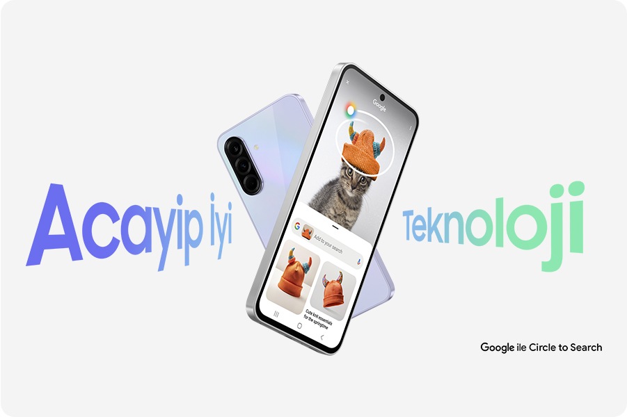 Two Galaxy A36 5G devices turning to form an X shape with Awesome Intelligence. The one in the front is displaying a cat with a hat. The hat is circled with Circle to Search feature and Google search result appears to show similar hats. Text Circle to Search with Google appears at the bottom right.