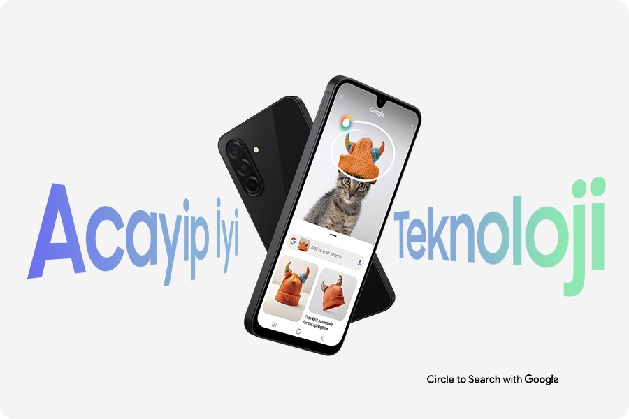 Two Galaxy A26 5G devices forming an X shape. The one in the back is in rear view. The one in the front has Circle to Search feature onscreen. Text Awesome Intelligence and The new Galaxy A26 5G can be seen. Text Circle to Search with Google is at the bottom.