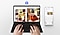 Bir kişi, Book Cover Keyboard takılı bir Galaxy Tab S10 FE+ kullanıyor. Cihazın iki pencereye bölünmüş ekranında, internetten bulunmuş çeşitli ev eşyası fotoğrafları yer alıyor ve fotoğraflardan biri düzenleniyor. Cihazın yanındaki Galaxy akıllı telefonun ekranında da aynı fotoğraf var ve kılıfın klavyesiyle bazı harfler yazılıyor. Yukarda Bluetooth logosu gösteriliyor.