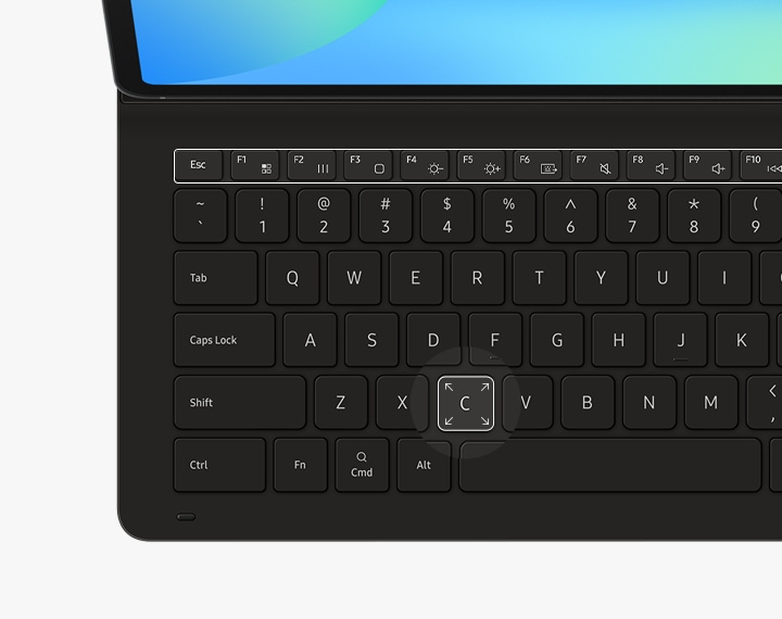 Book Cover Keyboard Slim’in klavyesi önden görülüyor. İşlev tuşlarının yanı sıra, tuş büyüklüğünü vurgulamak amacıyla aşağıdaki bir tuş da vurgulanmış.