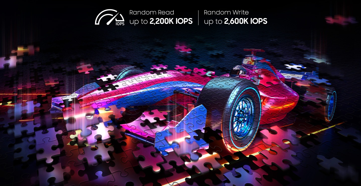Bulmacanın birkaç parçası birleşiyor. “Random Read up to 2,200K IOPS” (2200K IOPS’ye Kadar Rastgele Okuma), “Random Write up to 2,600K IOPS” (2.600K IOPS’ye Kadar Rastgele Yazma) ifadeleri, yanda rastgele hızı gösteren bir simgeyle görüntüleniyor.