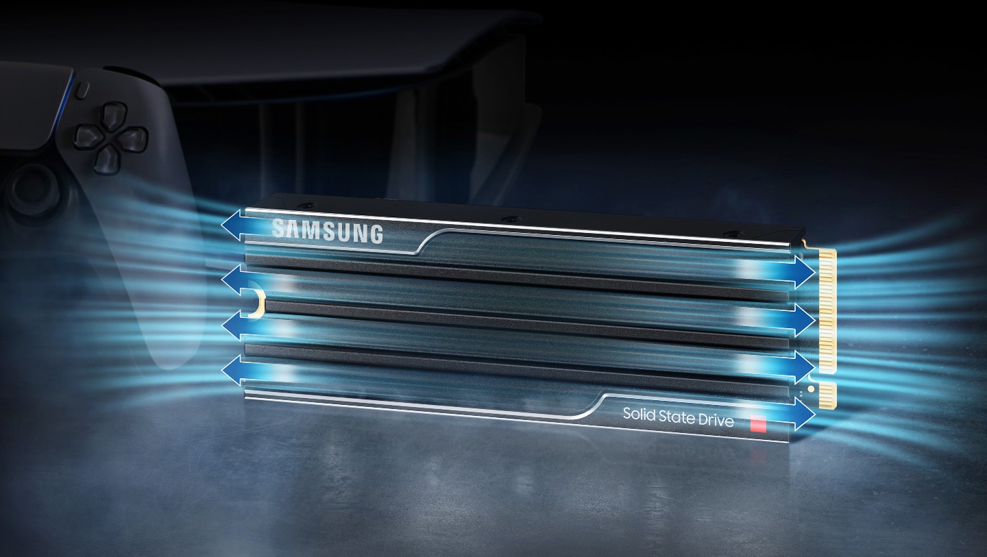 Air circulates through the cover grooves of the 9100 PRO with Heatsink, and there are arrows indicating the direction.