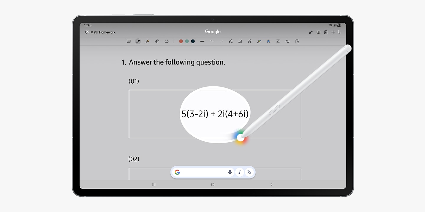 Galaxy Tab S10 FE+ screen shows a page labeled 'Math Homework' and a Circle to Search being used with an S Pen on a math equation.