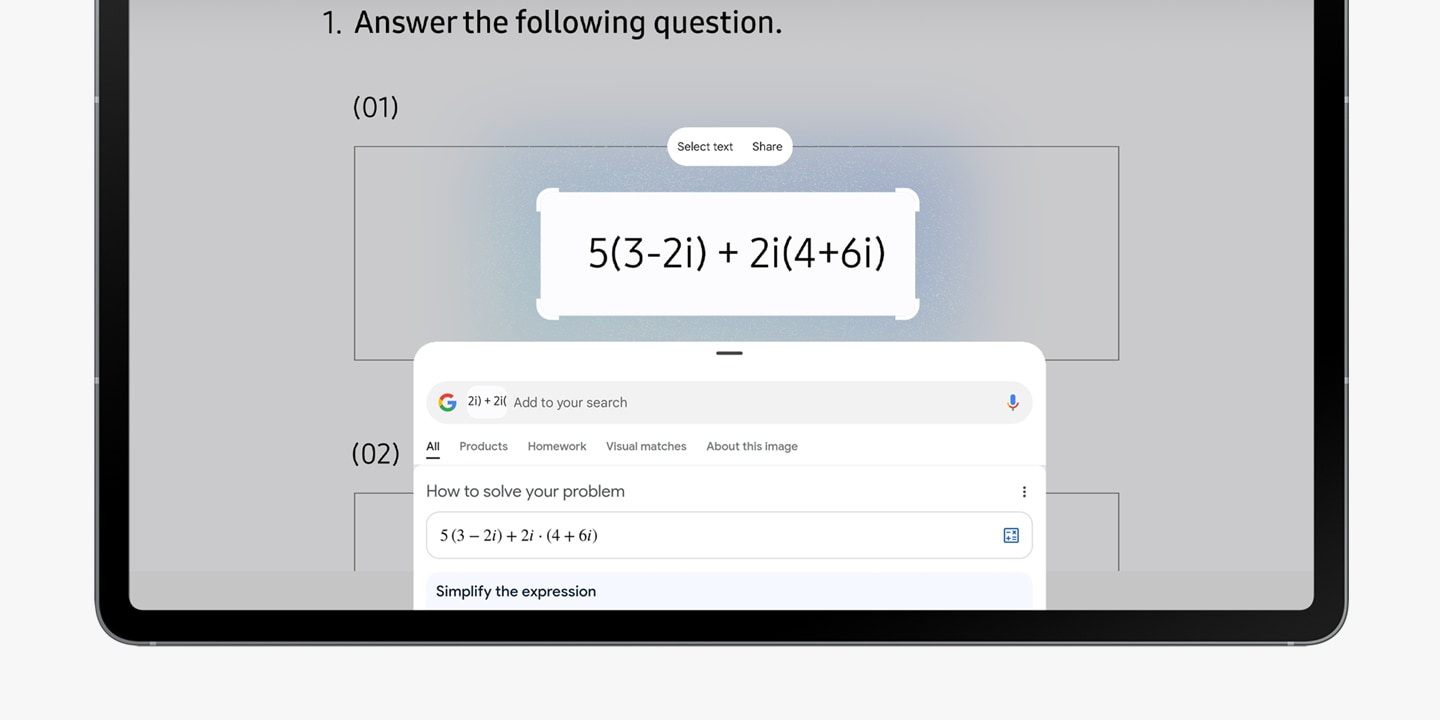 Galaxy Tab S10 FE+ screen shows a math equation highlighted with Circle to Search UI. Below it is a Circle to Search popup with details regarding the math equation.