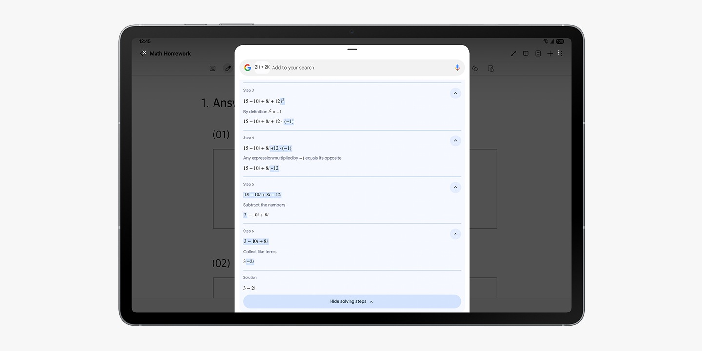 Galaxy Tab S10 FE+ screen displays a Circle to Search popup tab that explains the solution to a math equation.