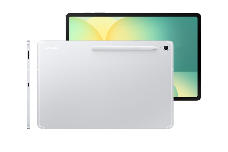 Galaxy Tab S10 FE+ in Silver shown from the front with a green-yellow wallpaper onscreen, from the back with S Pen attached on the back and from the side to highlight the slim design.